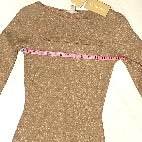 NWT Michael Kors Formfitting Long Sleeved Gold Y2K Knit Midi Dress, size Small - Picture 9 of 16